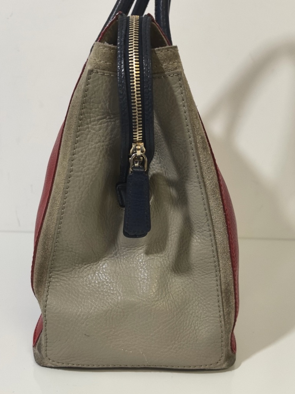 YSL Red Grey Color-Block Leather Suede Tote with Pouch - Picture 4 of 12
